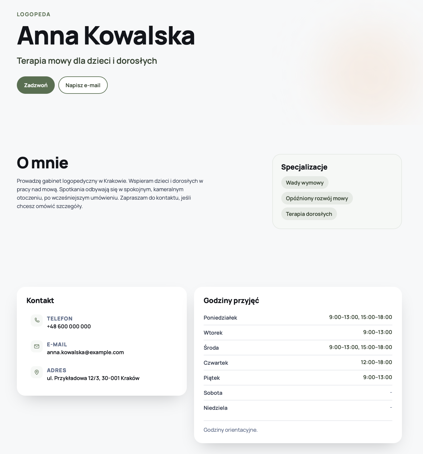 Przykładowa publiczna strona logopedy z opisem, specjalizacjami, danymi kontaktowymi i godzinami przyjęć